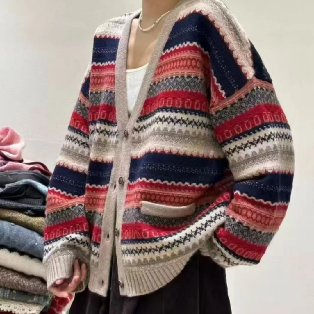 重工设计五星原版100%纯山羊绒彩条V领开衫外套