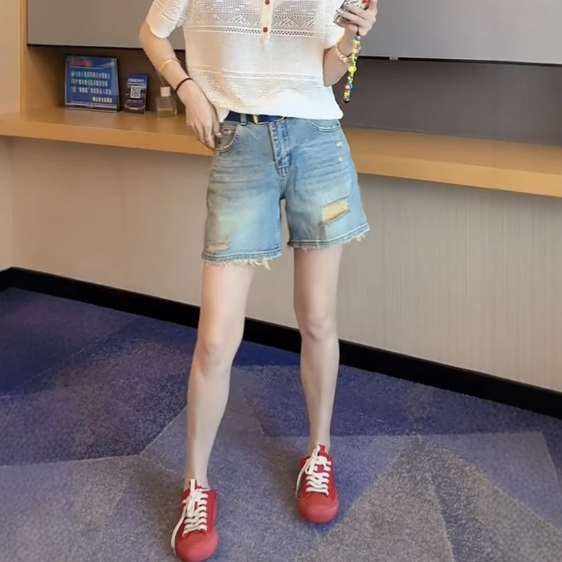 大码复古百搭毛边水洗热裤2025年夏季高腰显瘦破洞直筒牛仔短裤子
