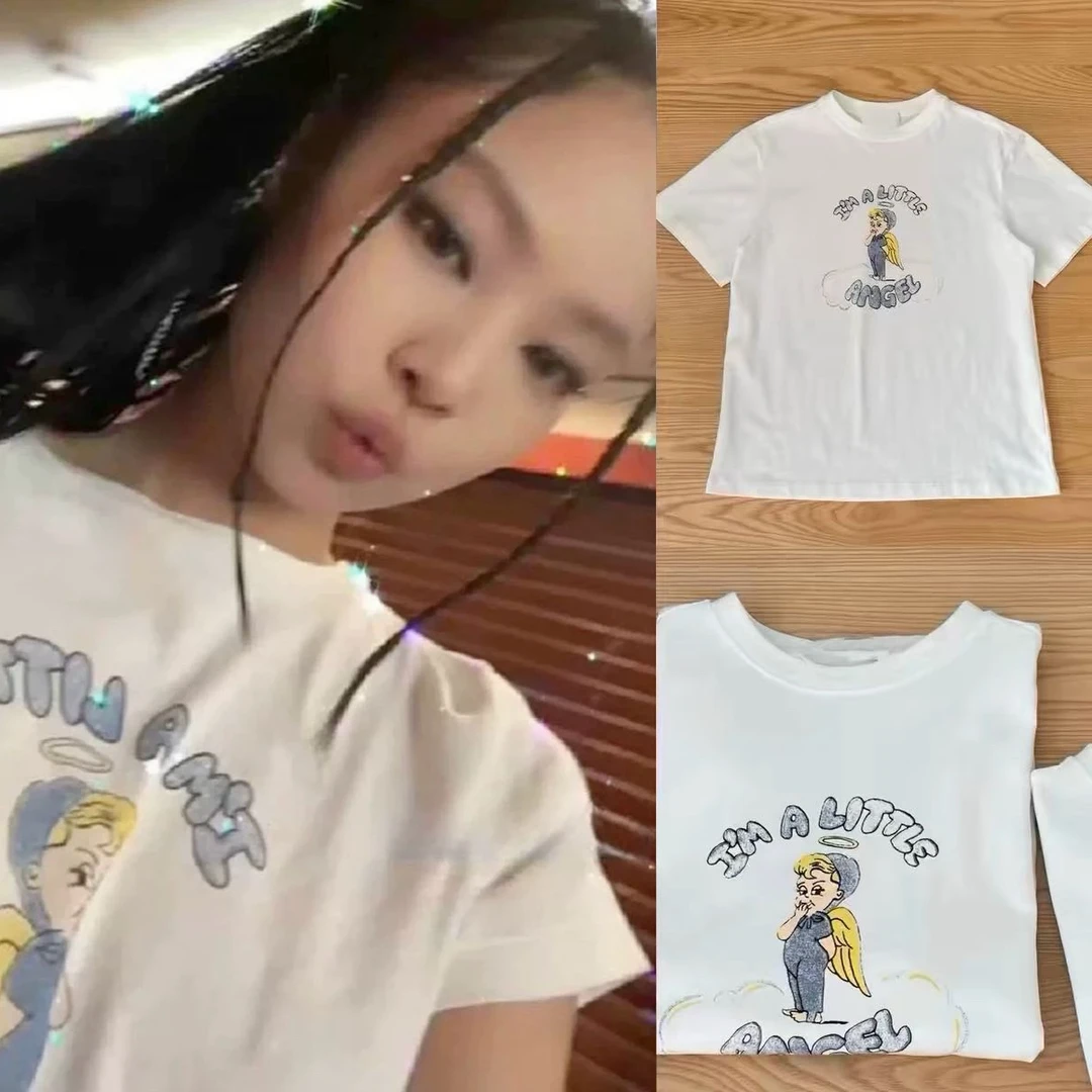 LANG TU-【珍妮同款天使T】韩国东大门减龄印花短袖圆领宽松卡通T恤