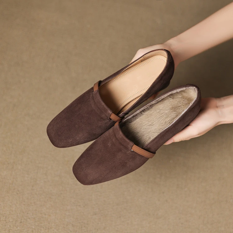 头层羊翻皮3cm～方头加绒乐福鞋百搭一脚蹬女深口单鞋秋冬新款粗跟