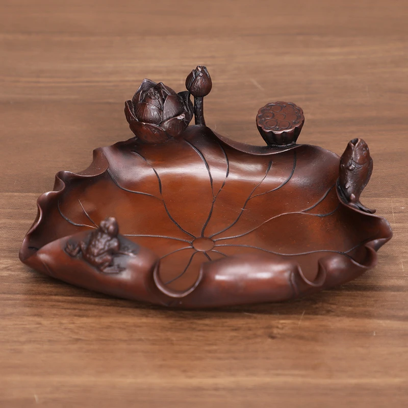 紫铜小号荷塘月色荷叶烟缸摆件全铜荷塘夜色荷叶香炉香托香炉摆设