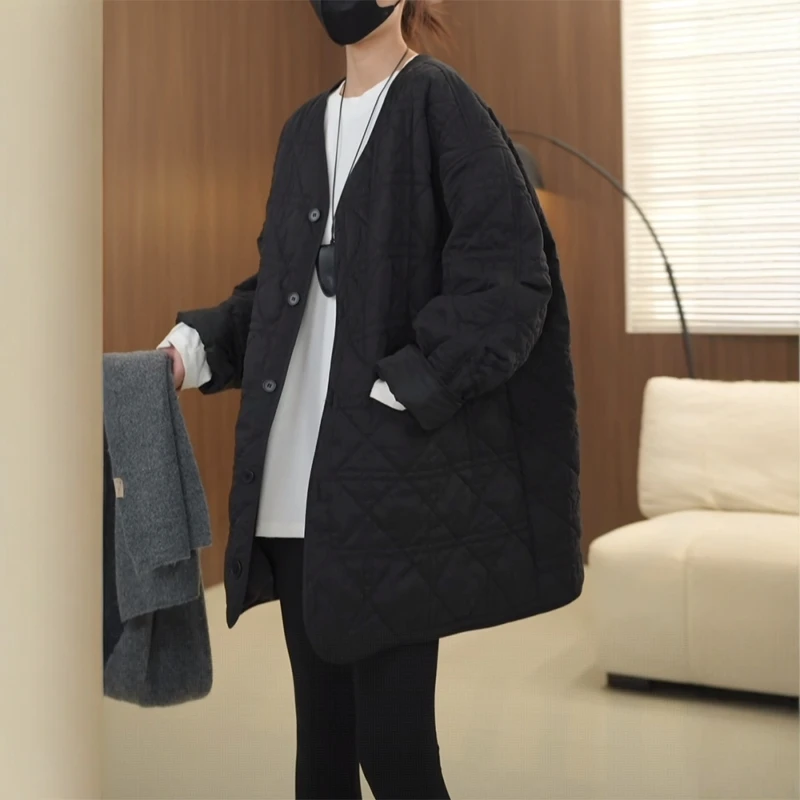 2025冬季新款韩版百搭宽松中长款圆领外套女时尚纯色棉服潮