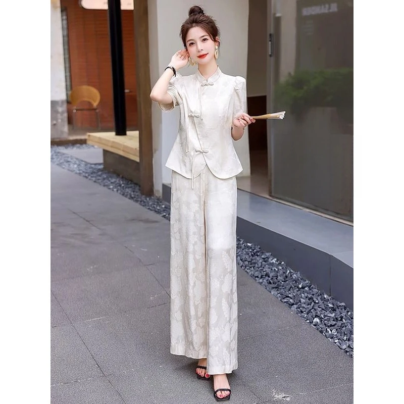 新中式国风旗袍上衣套装女款夏季大码胖mm唐装提花阔腿裤子两件套
