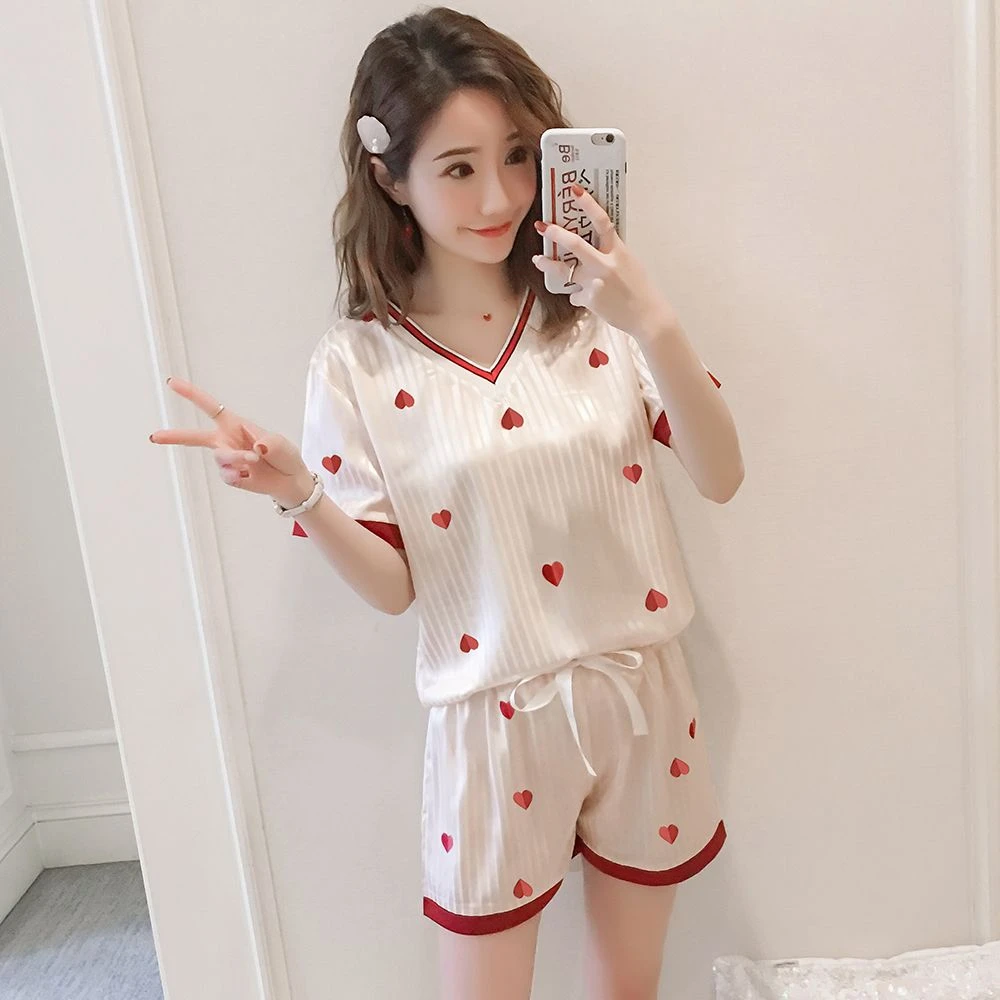 睡衣女夏季短袖短裤薄款v领甜美休闲新款可外穿夏天家居服套装