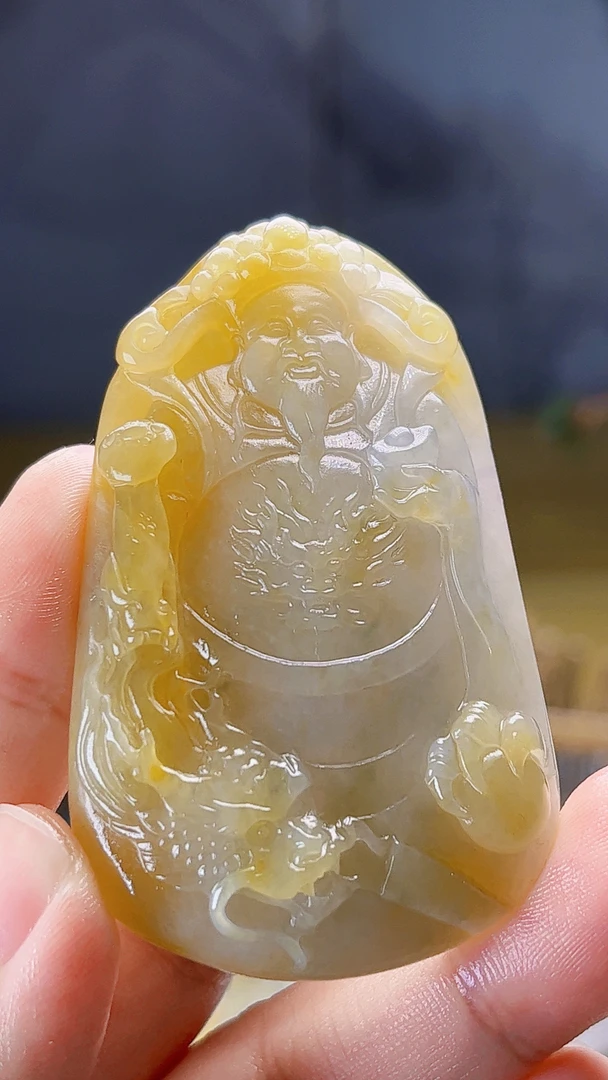 （大放）天然缅甸翡翠黄翡财神毛货买断抛光 尺寸62x39x9.7