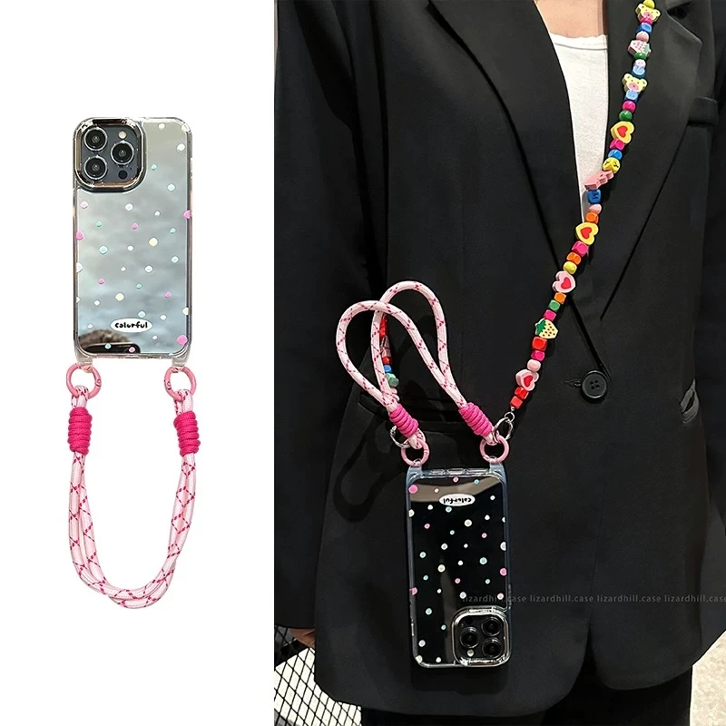 镜面彩波点适用苹果16pro手机壳新款iphone15pro女14pro斜挎背带