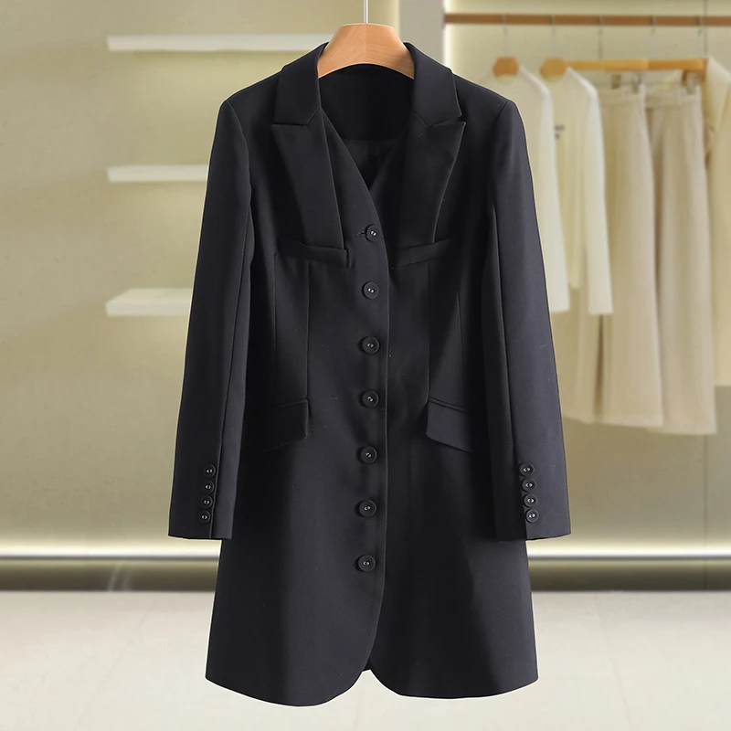 【伍莎-自营】单排扣修身中长款西装领外套#RBD48W017