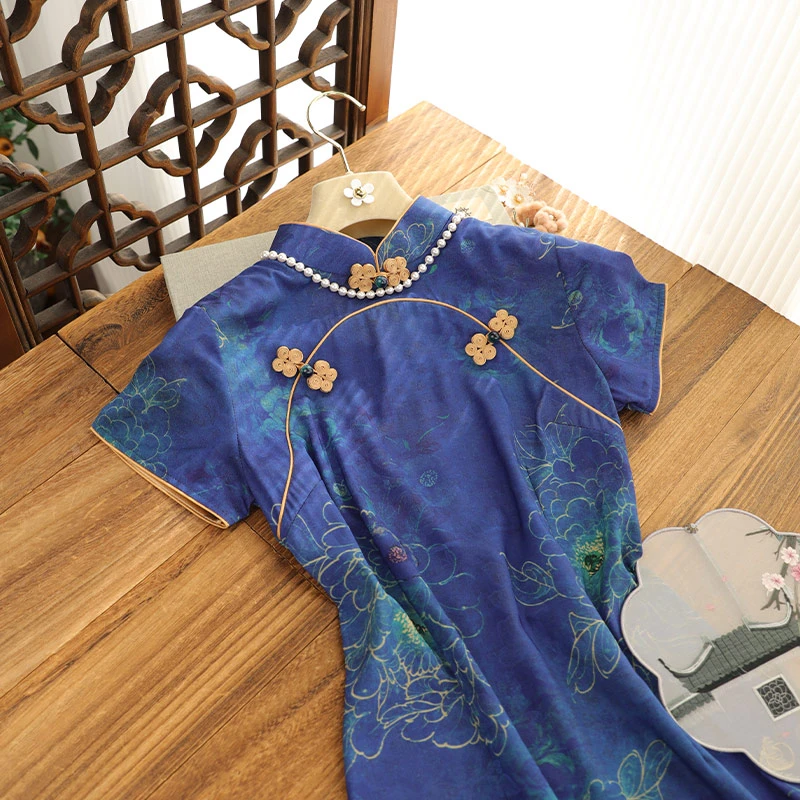 俏娘鱼新中式国风旗袍连衣裙新款复古风蓝色提花撞色短袖改良日常