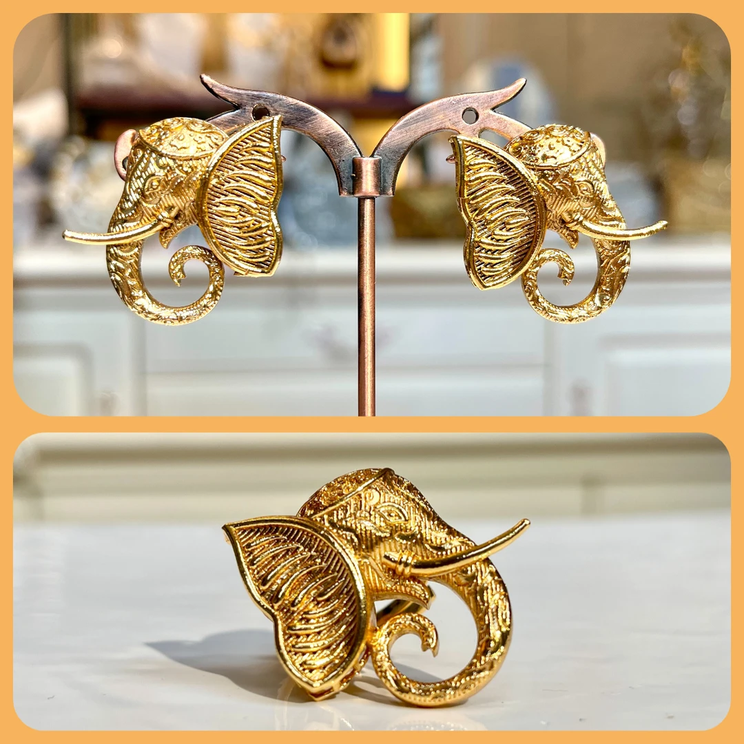 铜合金玻璃戒指 【01075套装】印度戒指耳环套装金色气质轻奢复古