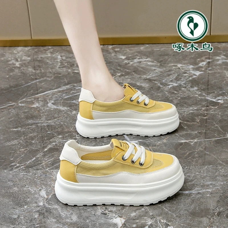 啄木鸟女鞋板鞋2025新夏季透气网面松糕厚底鞋孕妇运动休闲小白鞋