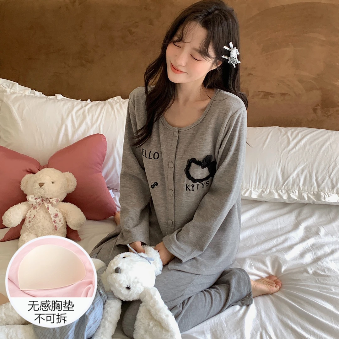 睡衣女士秋冬季网红风长袖保暖带胸垫2025新款开衫灰色套装家居服