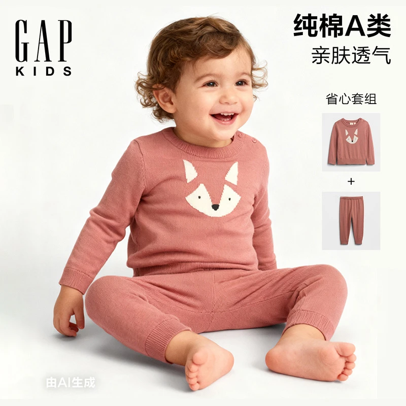 Gap婴儿童装2025秋冬新款动物织纹纯棉长袖针织套装美版790111