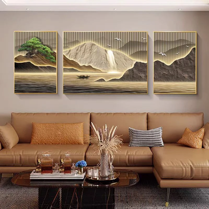 背靠金山·现代轻奢新中式客厅装饰画沙发背景墙三联画晶瓷挂画