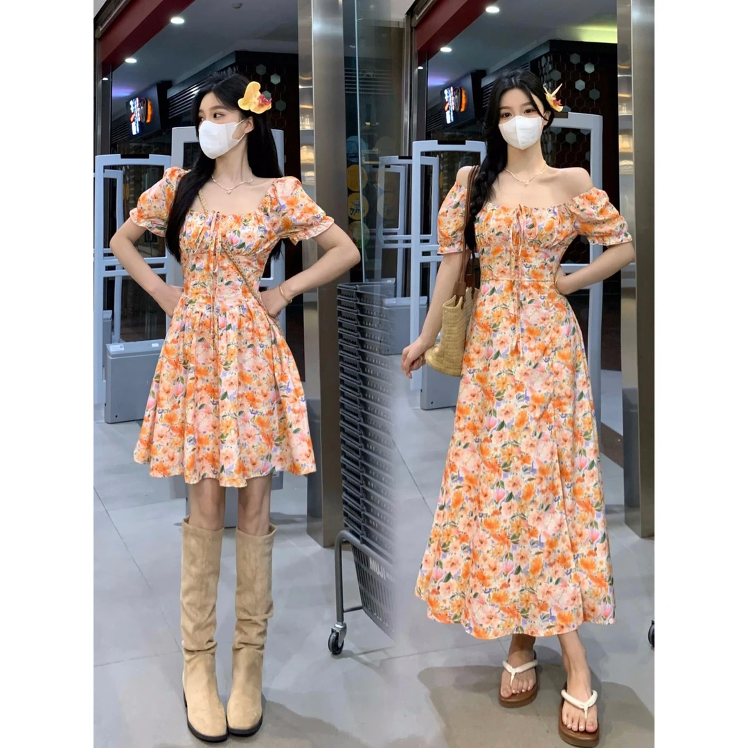 2025大码夏新款花海海边法式小众设计度假风碎花长裙收腰连衣裙女