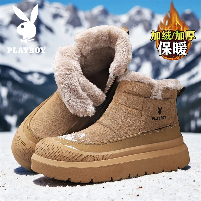 花花公子男鞋2025冬季新款男士加绒加厚雪地靴厚底防水工装风棉鞋