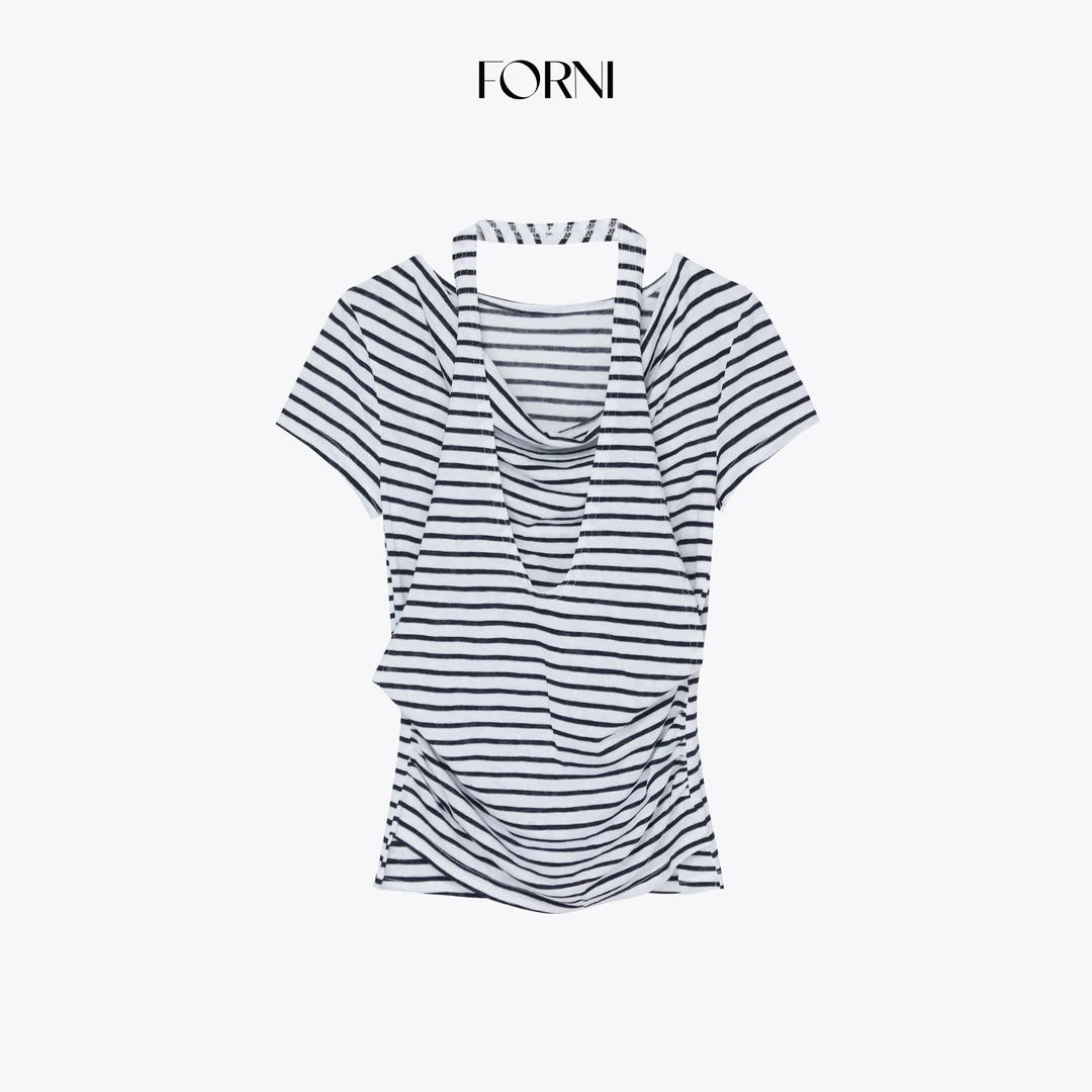 FORNI 艺术线稿 韩女调调夏季挂脖条纹拼接假两件收腰短袖T恤