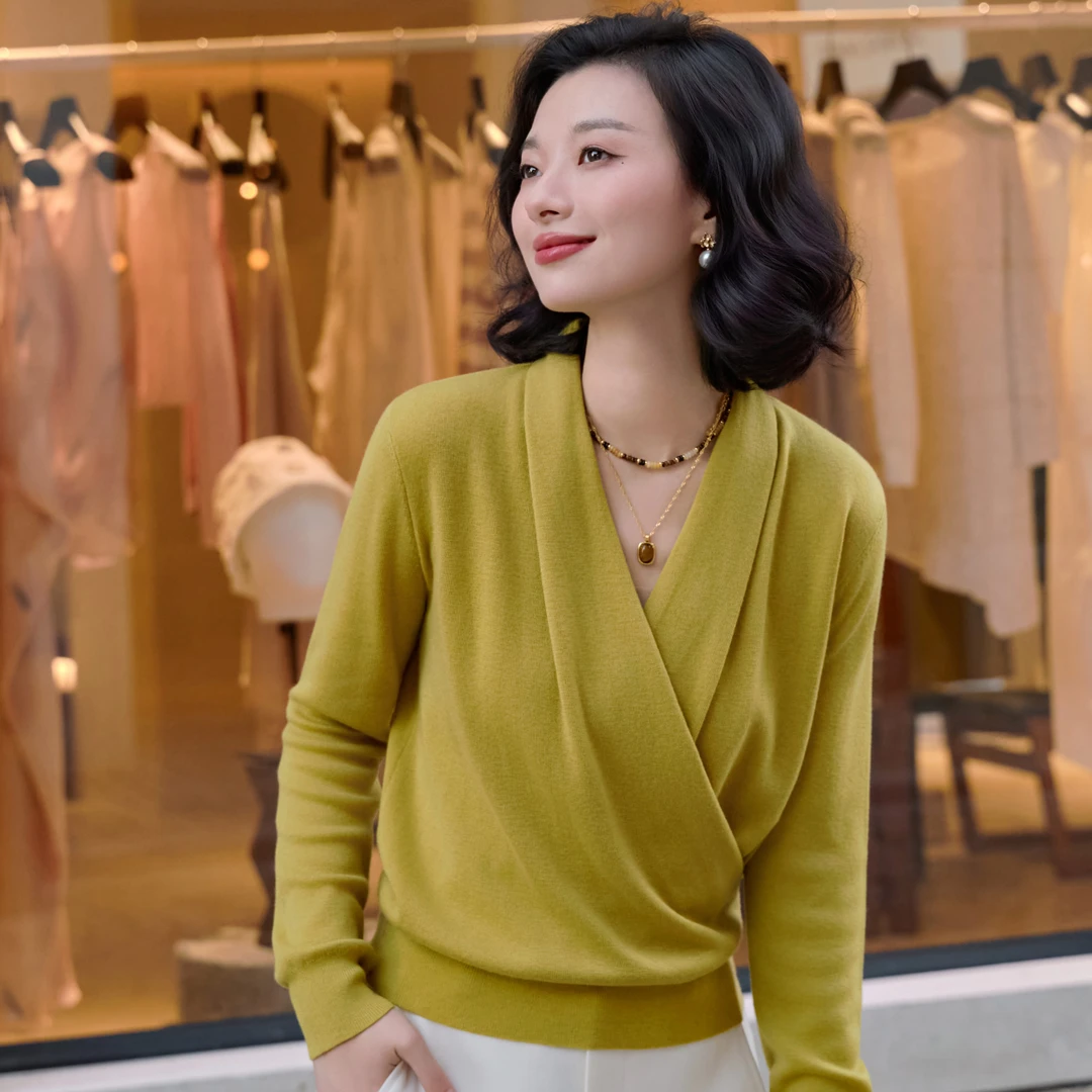 西子/【巴黎往事】美利奴羊毛混纺交叠V领优雅针织衫/MSTJ0692
