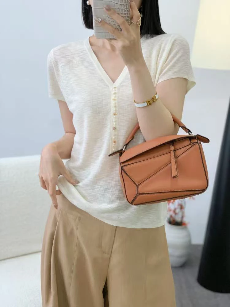 竹节麻天丝短袖V领春夏季薄款常规款毛针织衫气质女装打底衫洋气