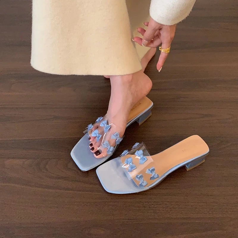 法式透明一字拖高跟鞋方头凉拖鞋女款鞋夏季银色高跟凉鞋女鞋外