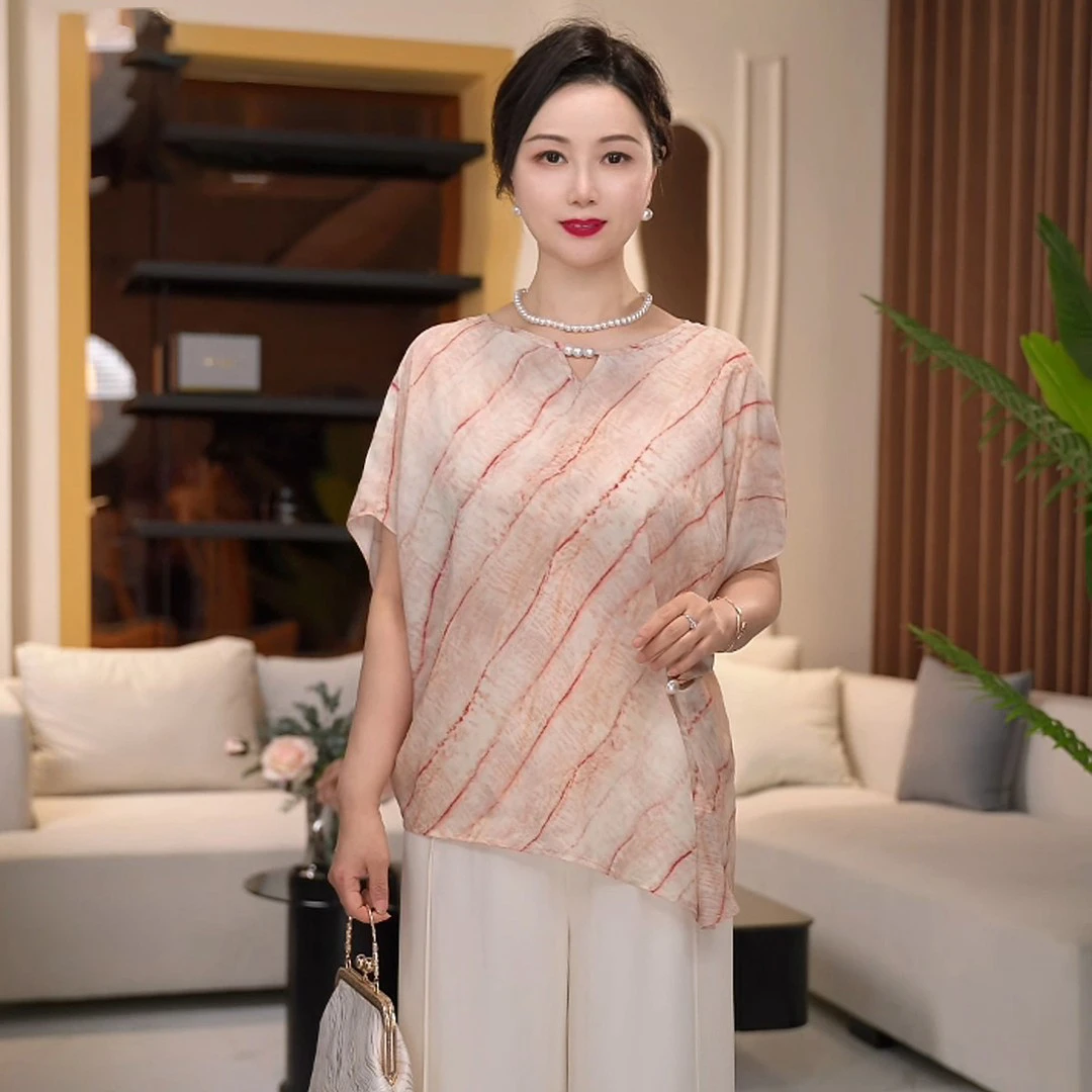 洋气条纹薄款短袖小衫套装夏季新款轻薄透气中老年妈妈装两件套