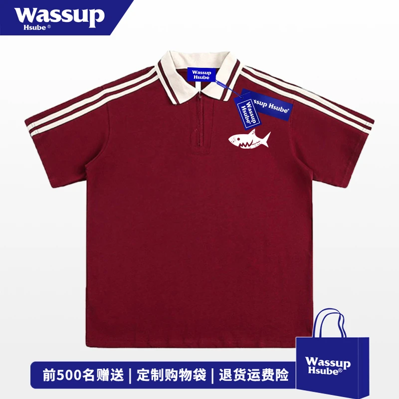 WASSUP HSUBE夏季趣味鲨鱼印花Polo衫短袖男美式休闲百搭翻领上衣