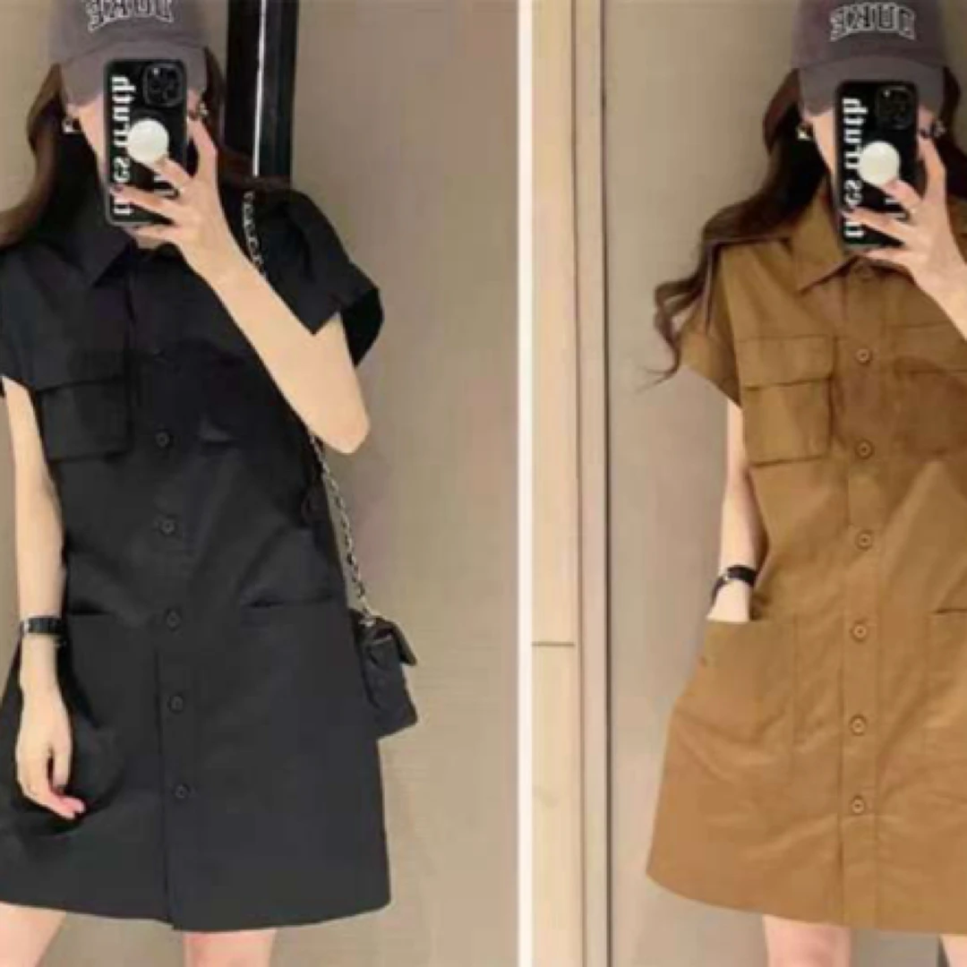 翻领轻职风短裙A字袖连衣裙气质显瘦