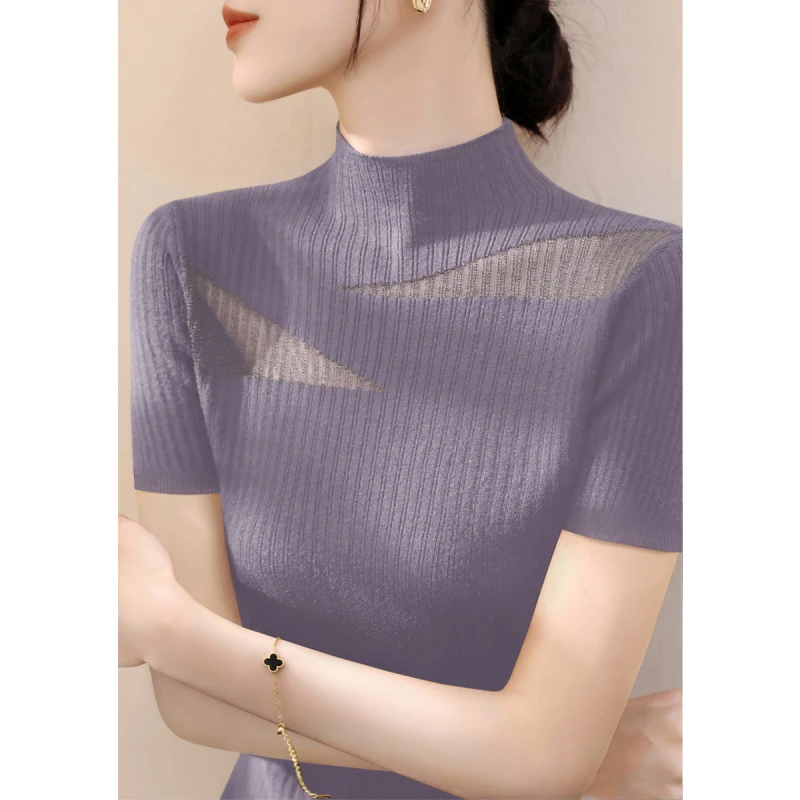 莱赛尔天丝半高领修身短袖针织衫女夏季新款蕾丝网纱冰丝紫色上衣