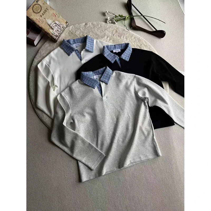 美式格子拼接长袖t恤男款秋季潮牌miu系穿搭卫衣假两件修身Polo衫