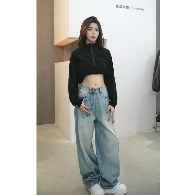 狮狮【悠闲派】春季宽松显瘦高腰设计感阔腿弯刀直筒堆堆裤牛仔裤