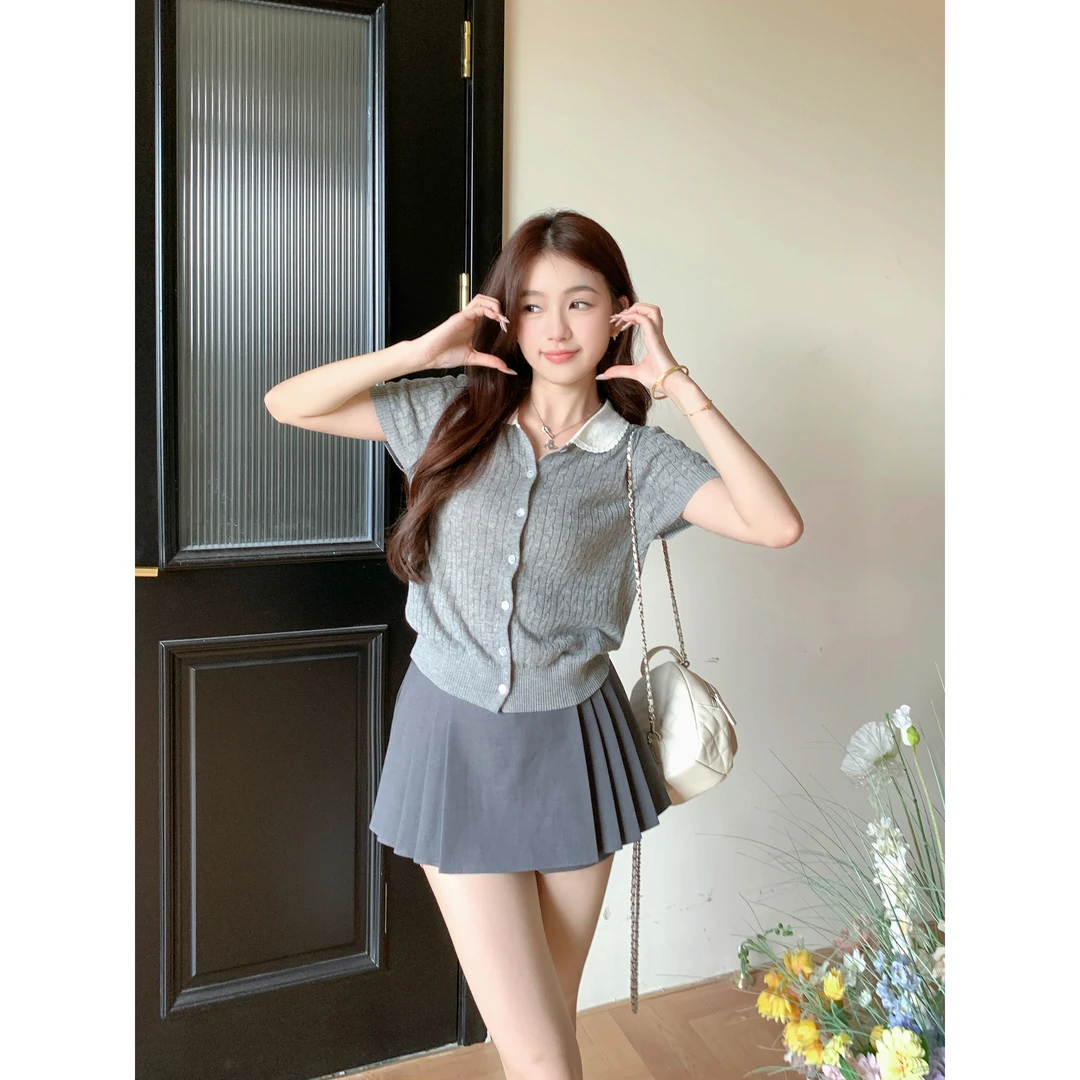 欧阳喜【少女学院】法式复古撞色娃娃领短袖上衣气质高级感针织开衫
