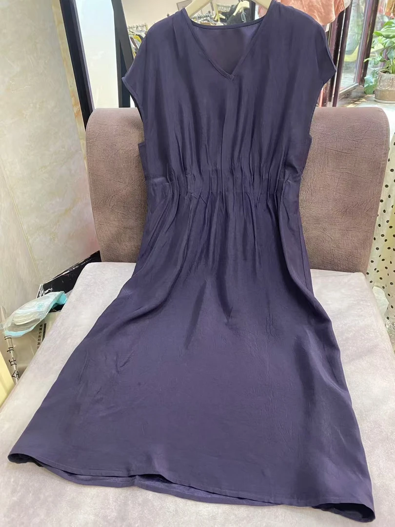JIUER【醋酸】V领设计感小飞袖连衣裙 气质时尚休闲收腰百搭3085