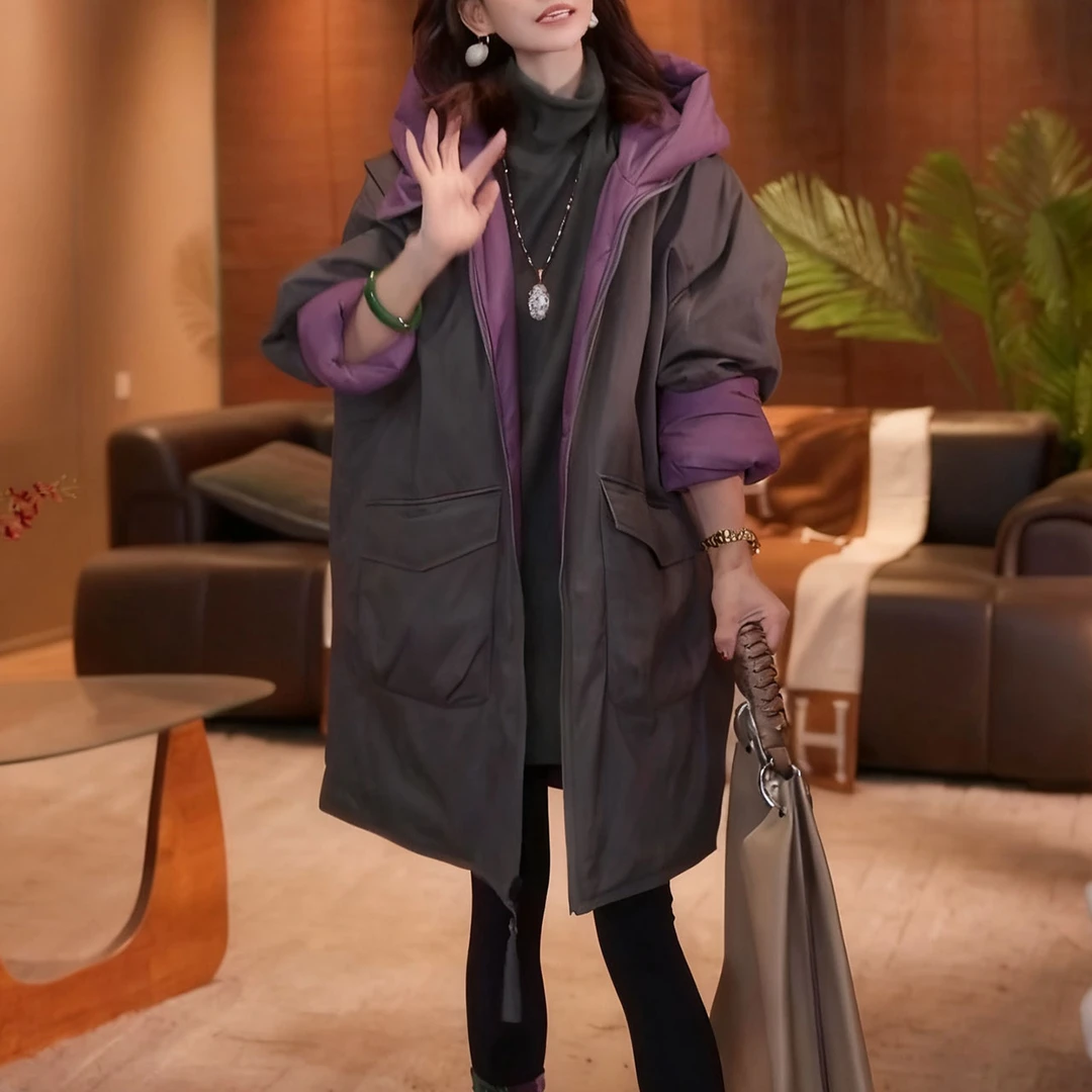 2025秋冬新款韩版时尚宽松遮肉显瘦纯色拼接双面双穿加棉保暖棉衣