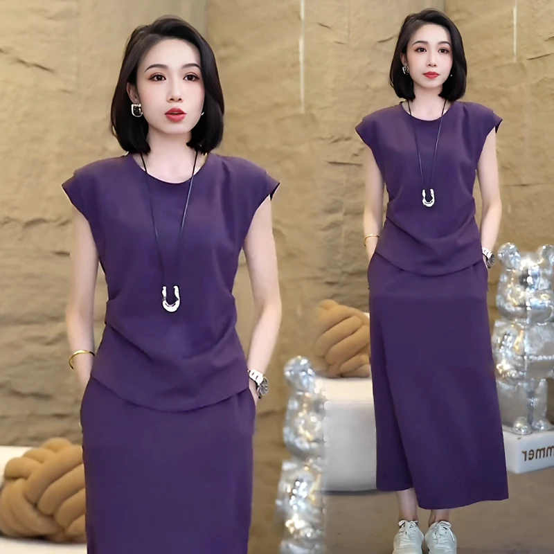 高含棉休闲套装女2025年夏季新款时尚气质显瘦短袖半身裙两件套潮