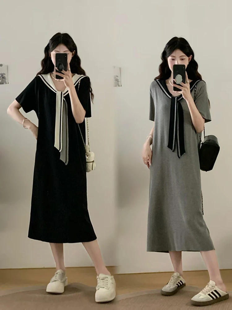 女装夏季新款胖MM法式学院风短袖连衣裙气质遮肚显瘦裙子