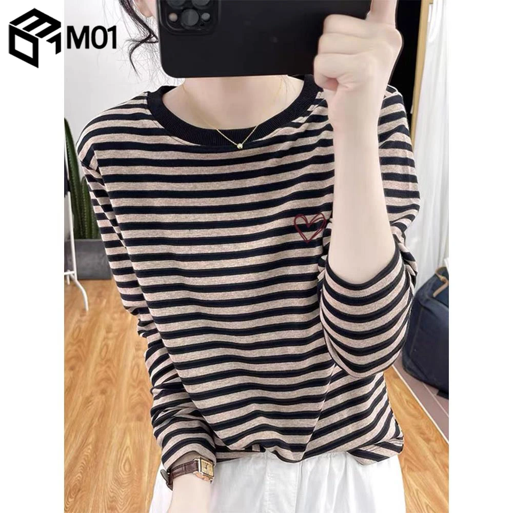 M01条纹长袖t恤女2025春秋季新款时尚休闲百搭减龄上衣打底衫秋季