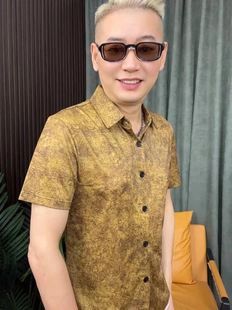 夏季男士翻领加大印花竖条纹衬衣衬衫短袖时尚薄款