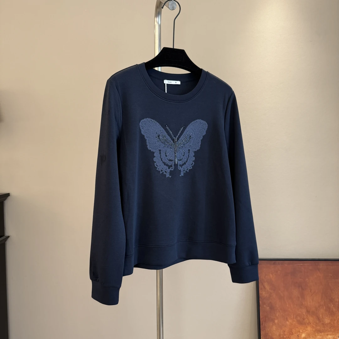 秋冬新款女士长袖卫衣轻奢圆领套头重工蝴蝶休闲宽松百搭秋季女