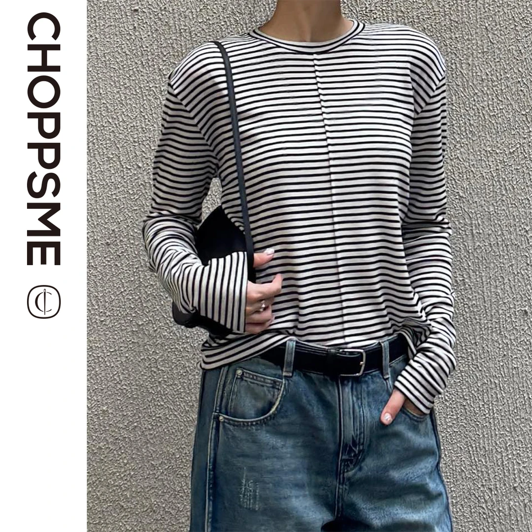 巧珀思｜内搭前后中缝修身百搭时尚打底衫黑白条纹圆领长袖T恤