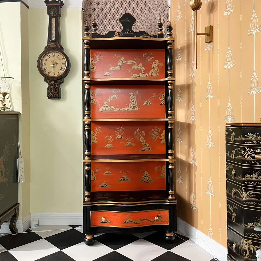 外贸单样板法式复古彩绘山景五层书架家用客厅置物架