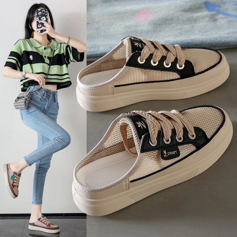帆布鞋女款2025新款爆款鞋子女ins潮百搭平底网鞋女透气网面拖鞋