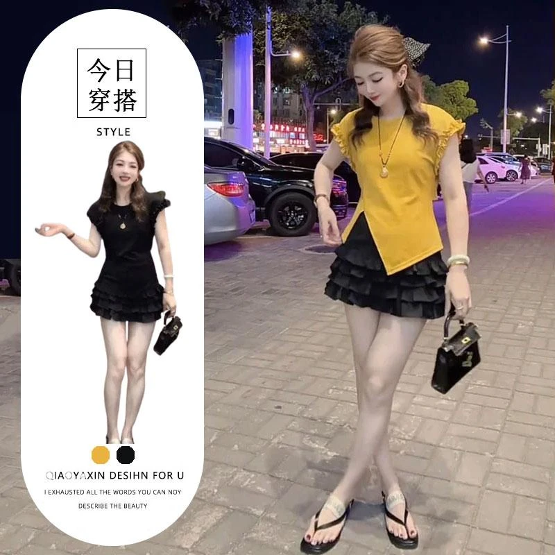 成套搭配减龄套装夏季设计感木耳边短袖t恤百搭a字蛋糕短裙两件套