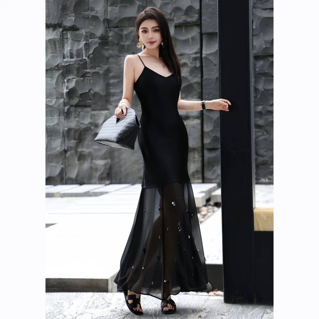 ZEROYK法式绝美醋酸拼接透视纱吊带裙夏季轻奢重工珠片鱼尾连衣裙
