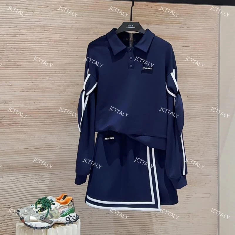 【宠粉价】秋冬新款时尚藏蓝POLO领结气质洋气半身裙套装TZ-424
