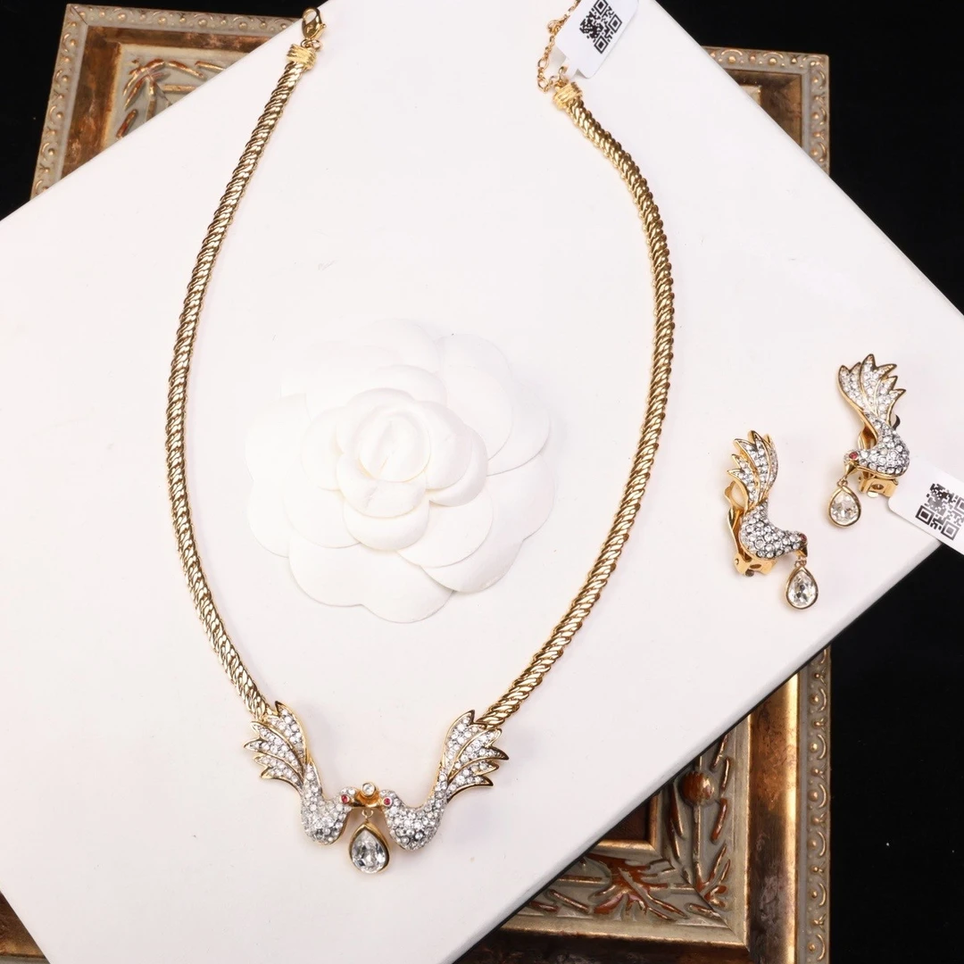 合金合成锆石项链 柚礼中古/飞鸟项链耳夹套装cx510441