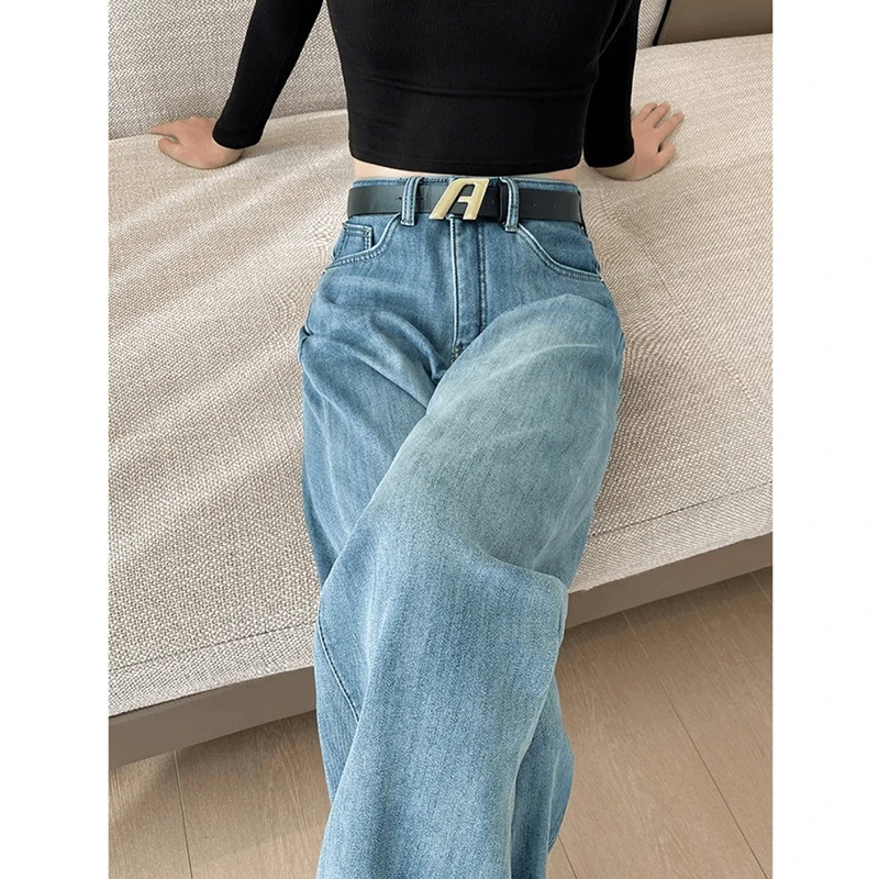 浅色复古窄版阔腿牛仔裤女秋装2025新款小个子高腰显瘦百搭直筒裤