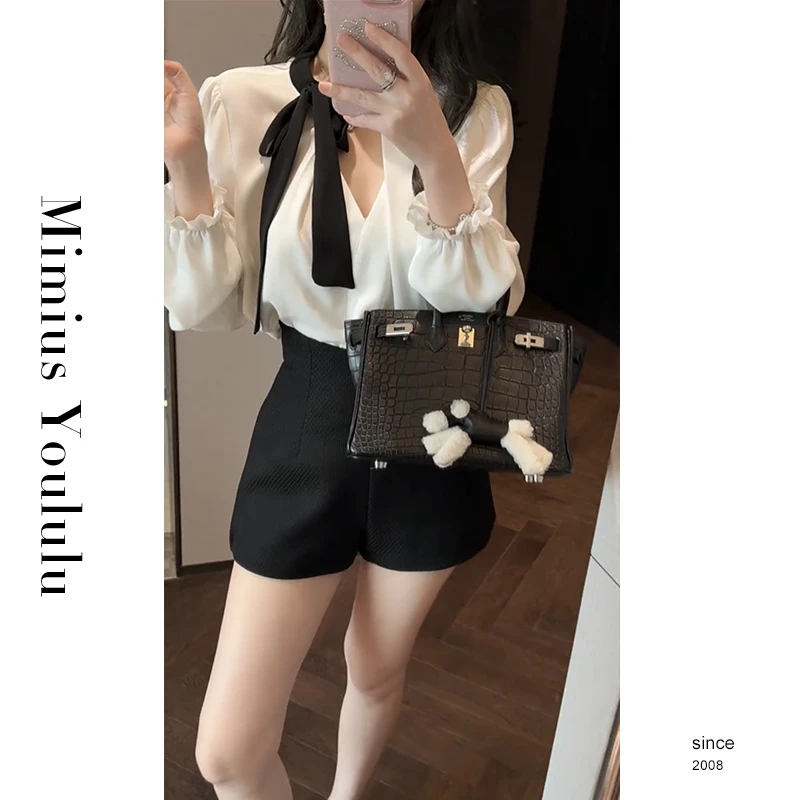 【mimius】喵喵 轻熟赫本风通勤气质V领绑带衬衫+短裤 G04067