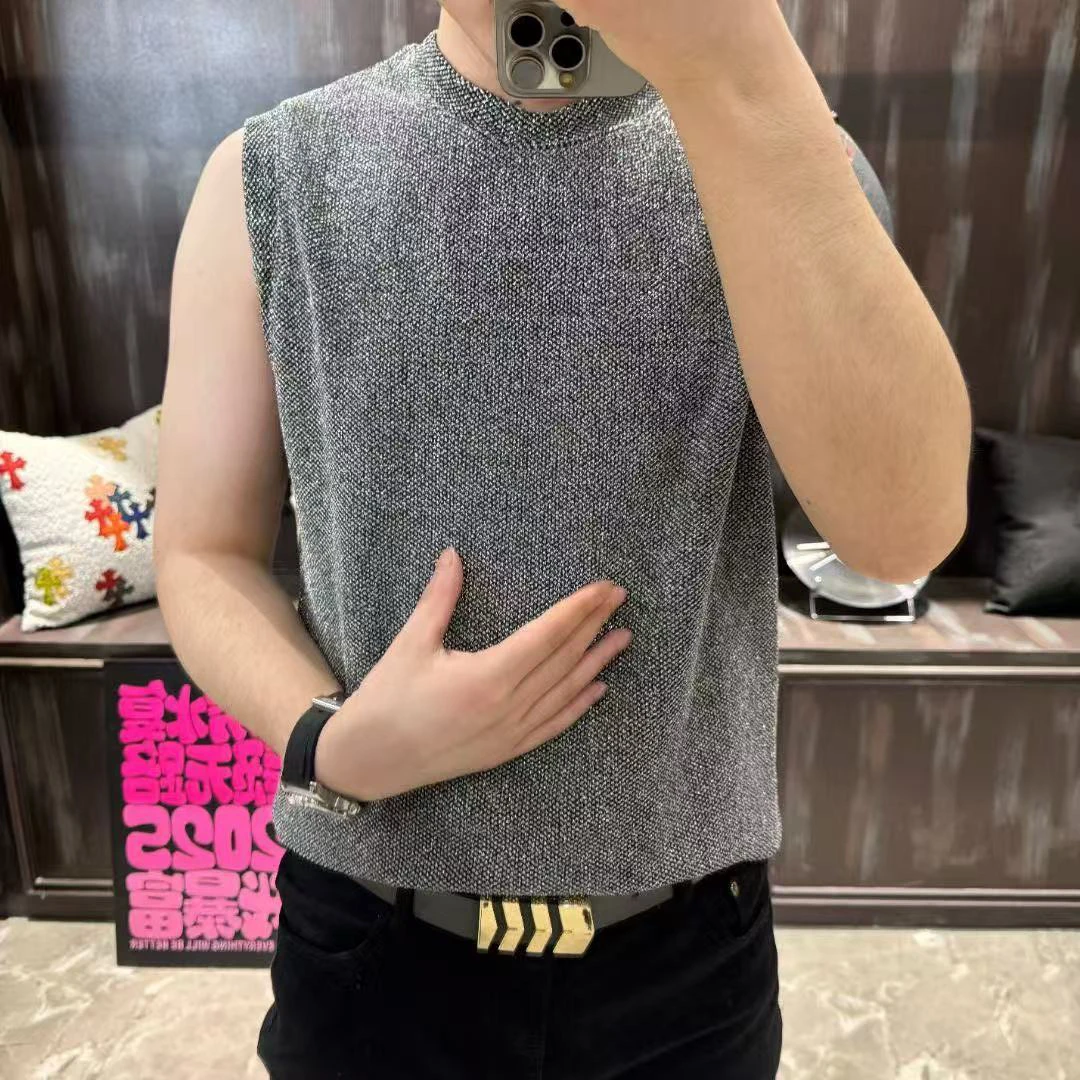 潮流时尚男士夏季圆领无袖T恤气质银丝休闲弹力轻薄坎肩上衣打底
