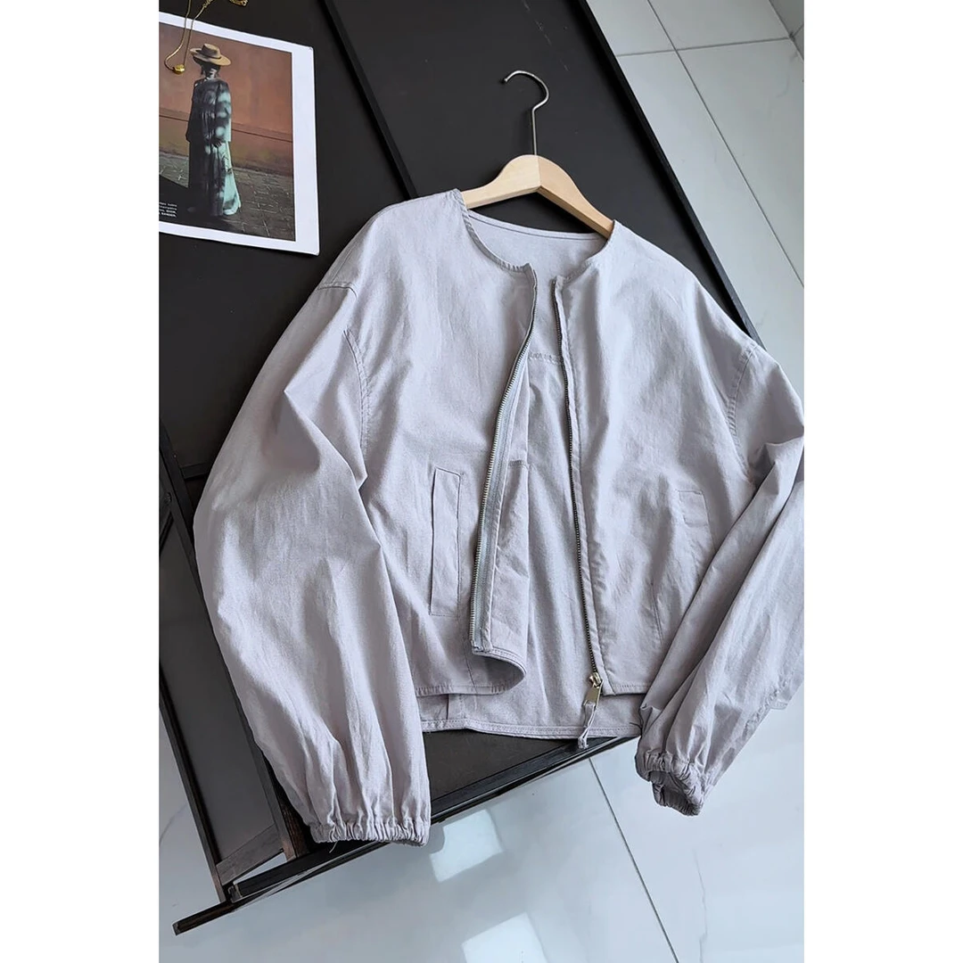 休闲风薄款拉链短外套女2025夏季款宽松圆领短款棉麻上衣