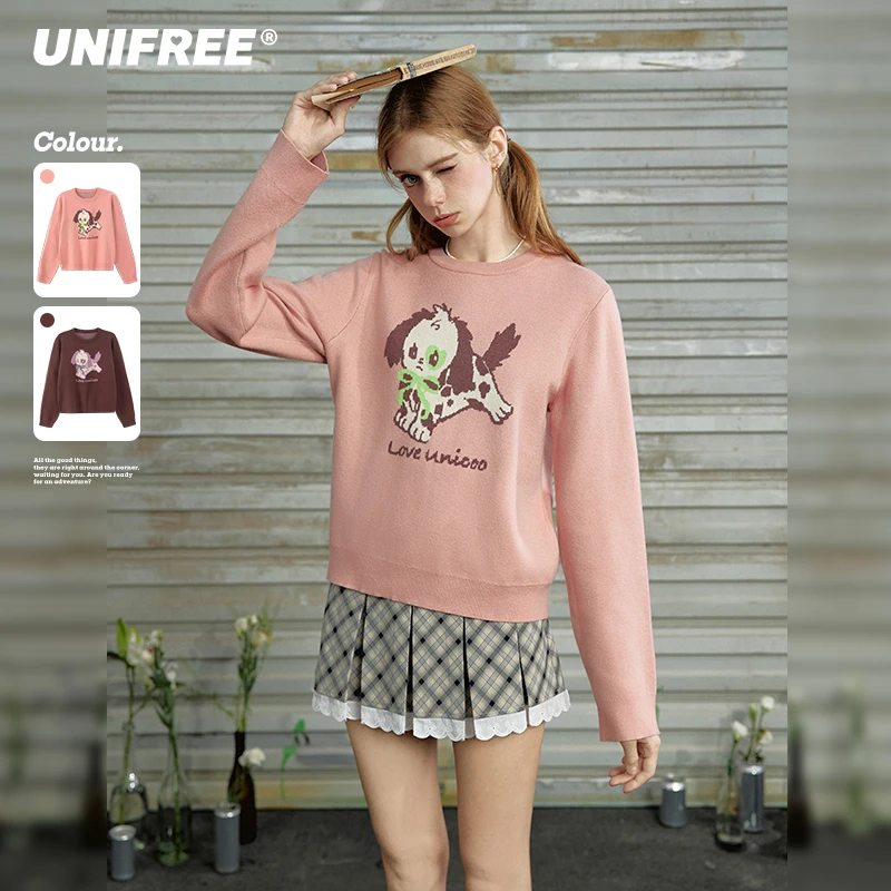 【芋总专属】UNIFREE小狗提花圆领套头针织衫U243K001B2C2