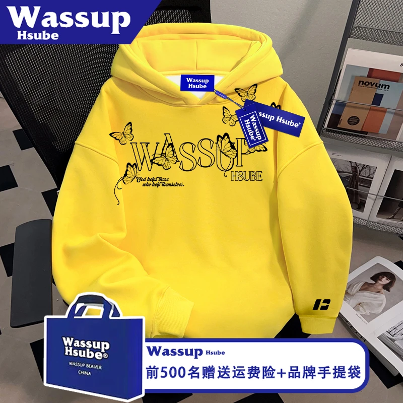 WASSUP HSUBE秋冬设计感连帽套头卫衣蝴蝶潮牌字母印花男女款上衣